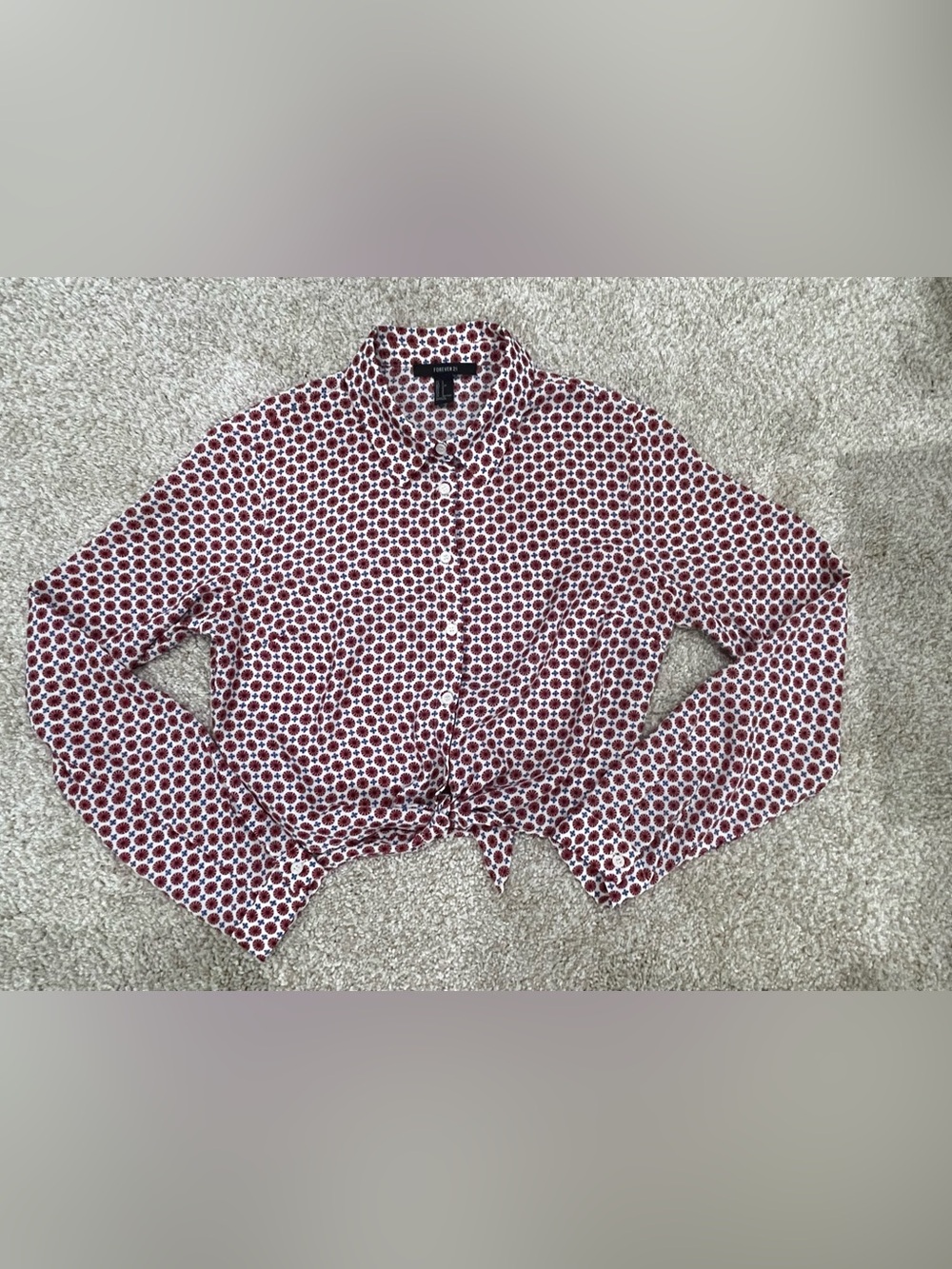Forever 21 White Button-Down Shirt with Red & Navy Floral Medallion Print